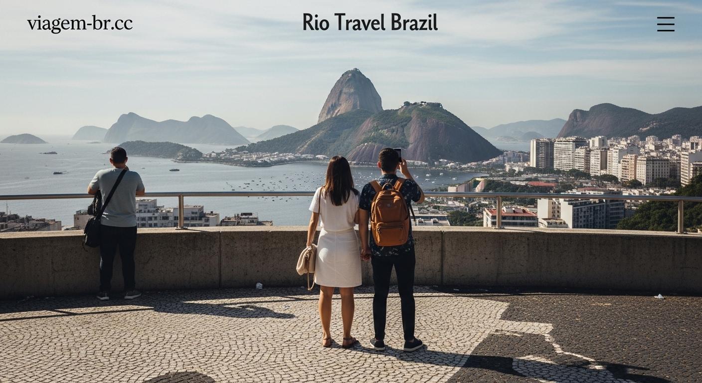 Rio de Janeiro skyline at sunset with Sugarloaf Mountain and a lively beach promenade.