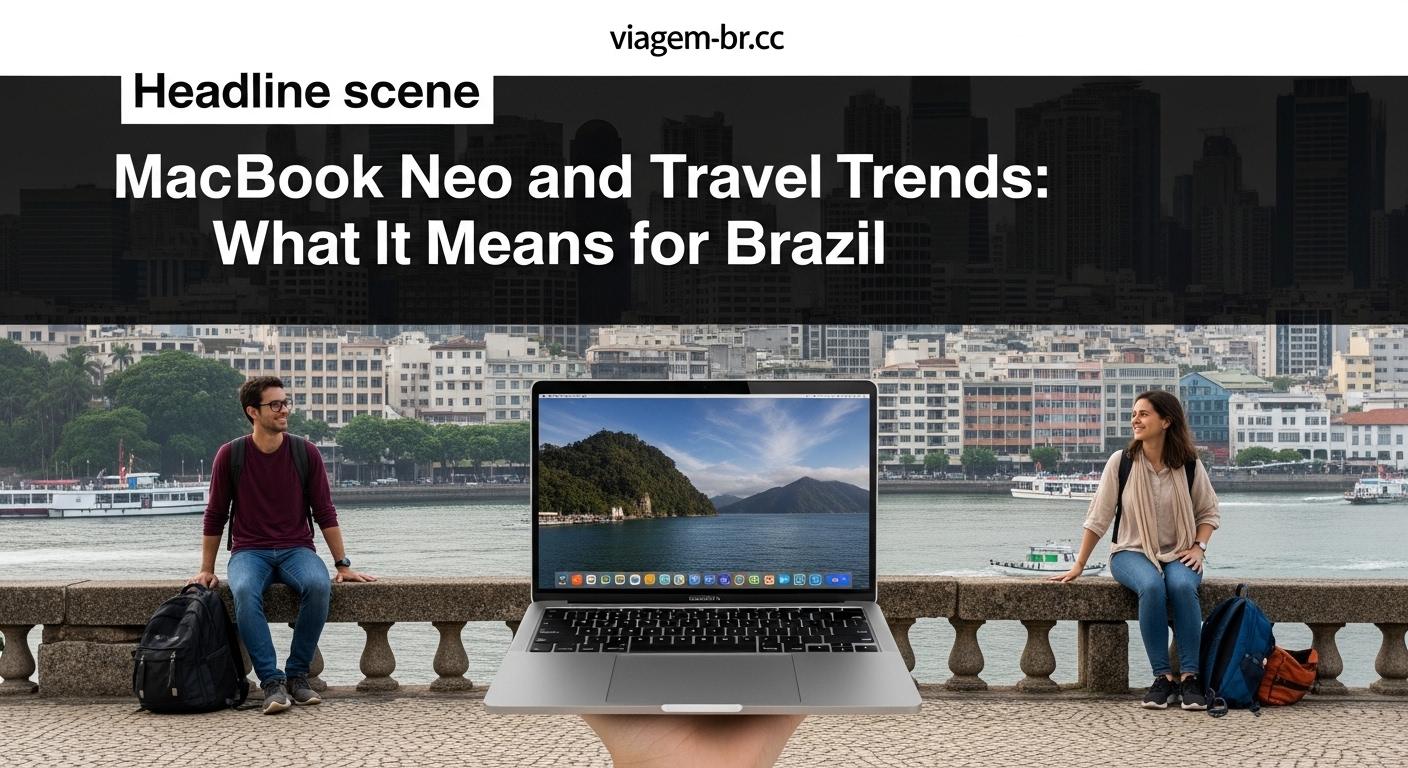 MacBook Neo on a travel desk in a Brazilian airport lounge.