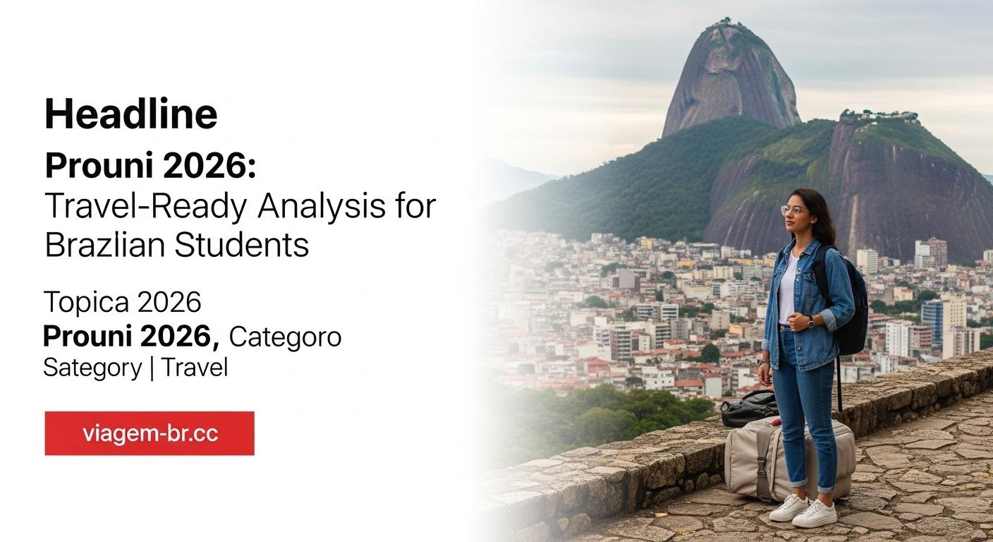 Brazilian student with backpack planning travel for prouni 2026 on campus with brochures and a map.