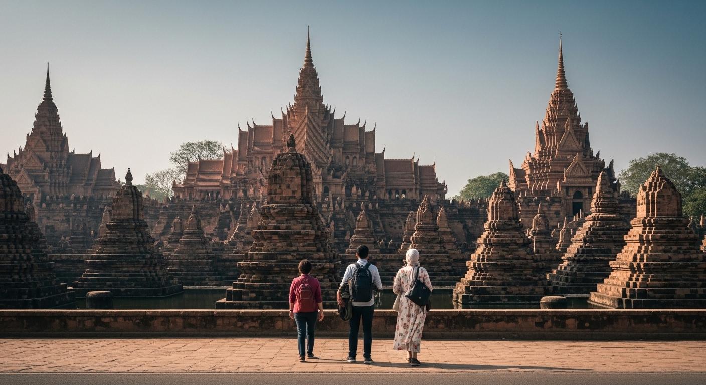 Composite image of Bahrain skyline, Angkor Wat, and Brazilian landscapes representing international travel partnerships